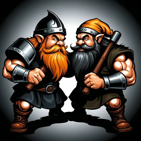 <lora:metal_tee_sdxl:0.8>,metal_tee,vector digital illustration,(black background:1.5),two dwarf holding hammer fighting each other,, (masterpiece, best quality, high quality, highres, ultra-detailed),