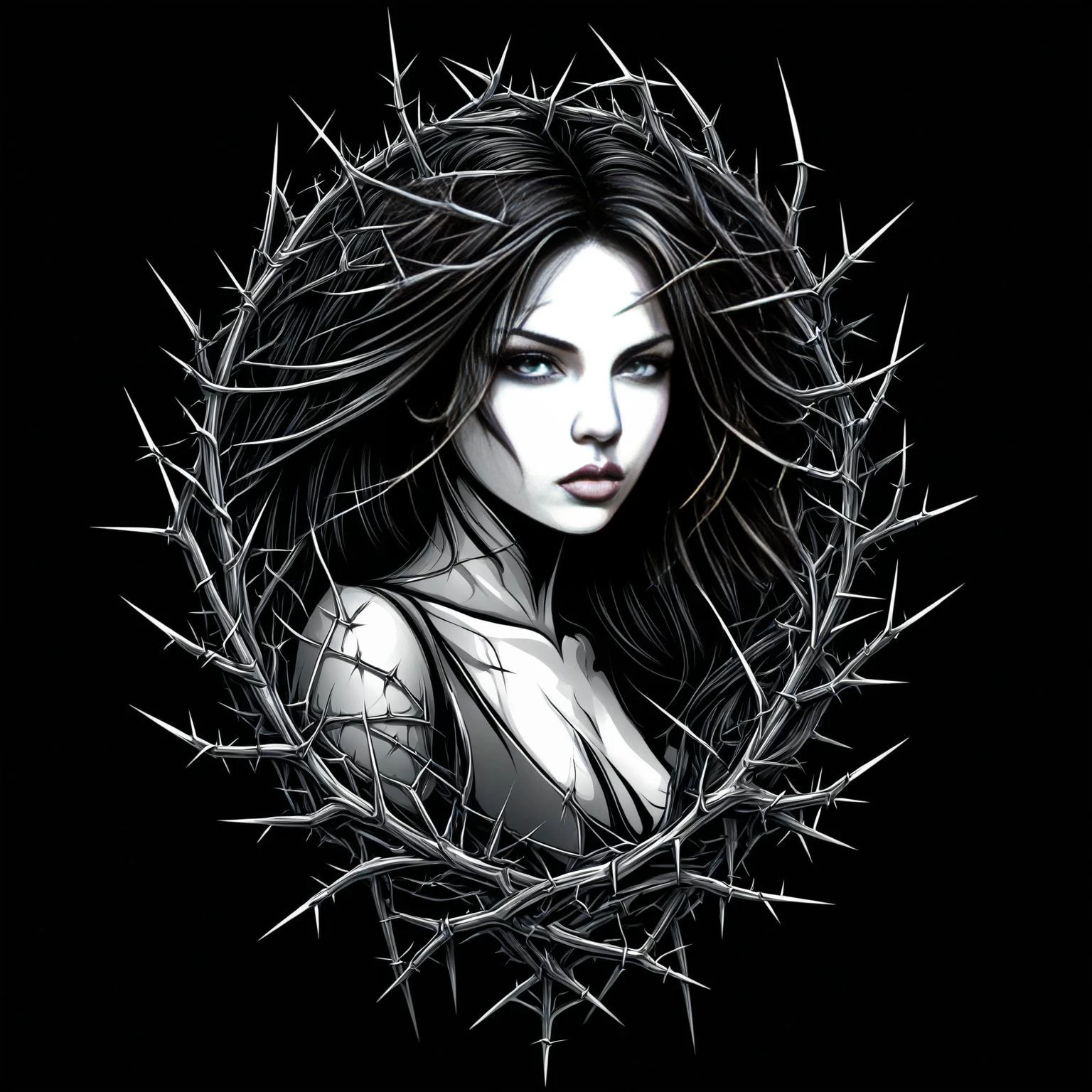 <lora:metal_tee_sdxl>,metal_tee,vector digital illustration,(black background:1.5),<lora:MinTattooXL-000034>,1girl surrounded by thorns,, (masterpiece, best quality, high quality, highres, ultra-detailed),