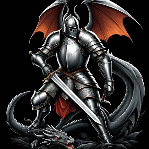 <lora:metal_tee_sdxl:0.8>,metal_tee,vector digital illustration,(black background:1.5),a knight ridding a dragon,holding sword and shield,, (masterpiece, best quality, high quality, highres, ultra-detailed),