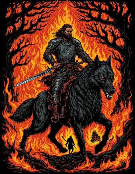 metal_tee, a man riding a wolf, through a forest of flames, with a large tree and a person in the background. The man is holding a sword, and the horse is surrounded by flames, vector digital illustration, (black background:1.5) <lora:metal_tee_sdxl:1>