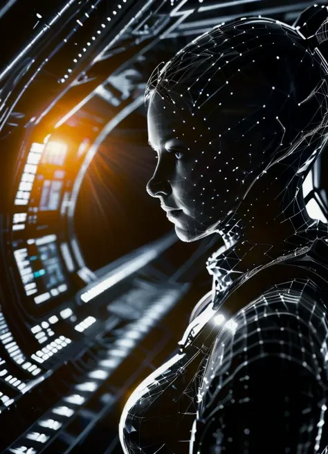 Vibrant Rim Light, Volumetric Lighting, (centered:1.1) (full body shot:1.2) <lora:dataviz_style_xl_v1:1.2> black and white dataviz style, black and white network data visualization in the shape of woman wearing skinny space suit on spaceship of space station in the space, beautiful eyes <lora:CarbonFIberXLv1:0.7> carbonfiber <lora:GigerRainbowXL:0.6> g1h3r , subsurface scattering, Photorealistic, Hyperrealistic, analog style, realistic, film photography, soft lighting, heavy shadow, light depth, dramatic atmospheric lighting, Volumetric Lighting, bright rim light, high contrast, bold edge light