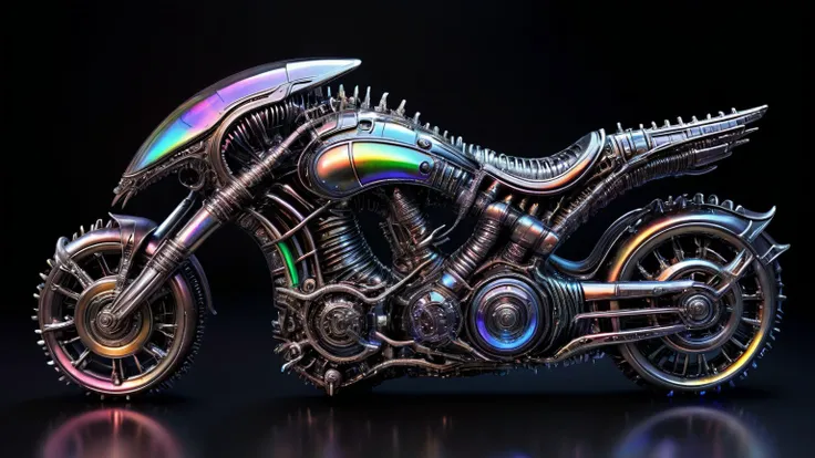 g1h3r isolated studio shot of a black futuristic biomechanical motorcycle, intricate, fine iridescent filigree details <lora:GigerRainbowXL:0.75>