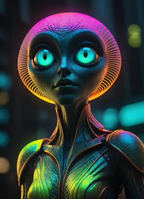 cinematic photo Ombre color scheme of neon green, neon yellow, neon blue, neon pink, neon orange, big eyed alien, in the style of textured illustrations, dark gray and bronze, online sculpture, naoto hattori, jeremy lipking, dark sky-blue and orange <lora:Niji_glitch__neon_aesthetic:0.8> neon glitch <lora:GigerRainbowXL:0.49> g1h3r <lora:MJ52:0.7> <lora:ral-hnycmb:0.44> ral-hnycmb <lora:Retro_Ink_SDXL:0.38> retro ink , subsurface scattering, Photorealistic, Hyperrealistic, analog style, realistic, film photography, soft lighting, heavy shadow, 35mm photograph, film, bokeh, professional, 4k, highly detailed