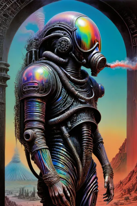 fantasy g1h3r Renaissance black-tinted drawing, a coloured line drawing of a mature white-toned Kuwaiti biomechanical soldier, gas mask walking in an African town, smoking volcano, iridescent filigree inlay, intricate, crisp lines, skin imperfections <lora:GigerRainbowXL:0.75>