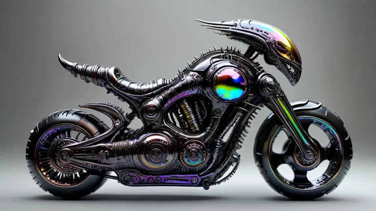 g1h3r isolated studio shot of a black futuristic biomechanical motorcycle, intricate, fine iridescent filigree details <lora:GigerRainbowXL:0.75>