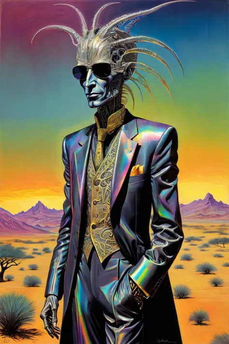 fantasy g1h3r Fauvism black-tinted drawing, a coloured line drawing of a mature silver-toned Saudi biomechanical man, tuxedo camping in a savannah, golden sky with lightning, iridescent filigree inlay, intricate, crisp lines, skin imperfections <lora:GigerRainbowXL:0.5>