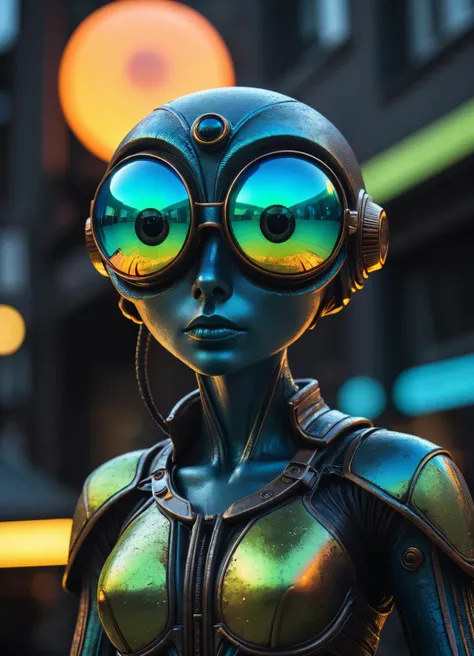 cinematic photo Ombre color scheme of neon green, neon yellow, neon blue, neon pink, neon orange, (in style of RAYMOND LOEWY:1.4) big eyed alien, in the style of textured illustrations, dark gray and bronze, online sculpture, naoto hattori, jeremy lipking, dark sky-blue and orange <lora:Niji_glitch__neon_aesthetic:0.8> neon glitch <lora:GigerRainbowXL:0.49> g1h3r <lora:MJ52:0.7> <lora:ral-hnycmb:0.44> ral-hnycmb <lora:Retro_Ink_SDXL:0.38> retro ink , subsurface scattering, Photorealistic, Hyperrealistic, analog style, realistic, film photography, soft lighting, heavy shadow, 35mm photograph, film, bokeh, professional, 4k, highly detailed
