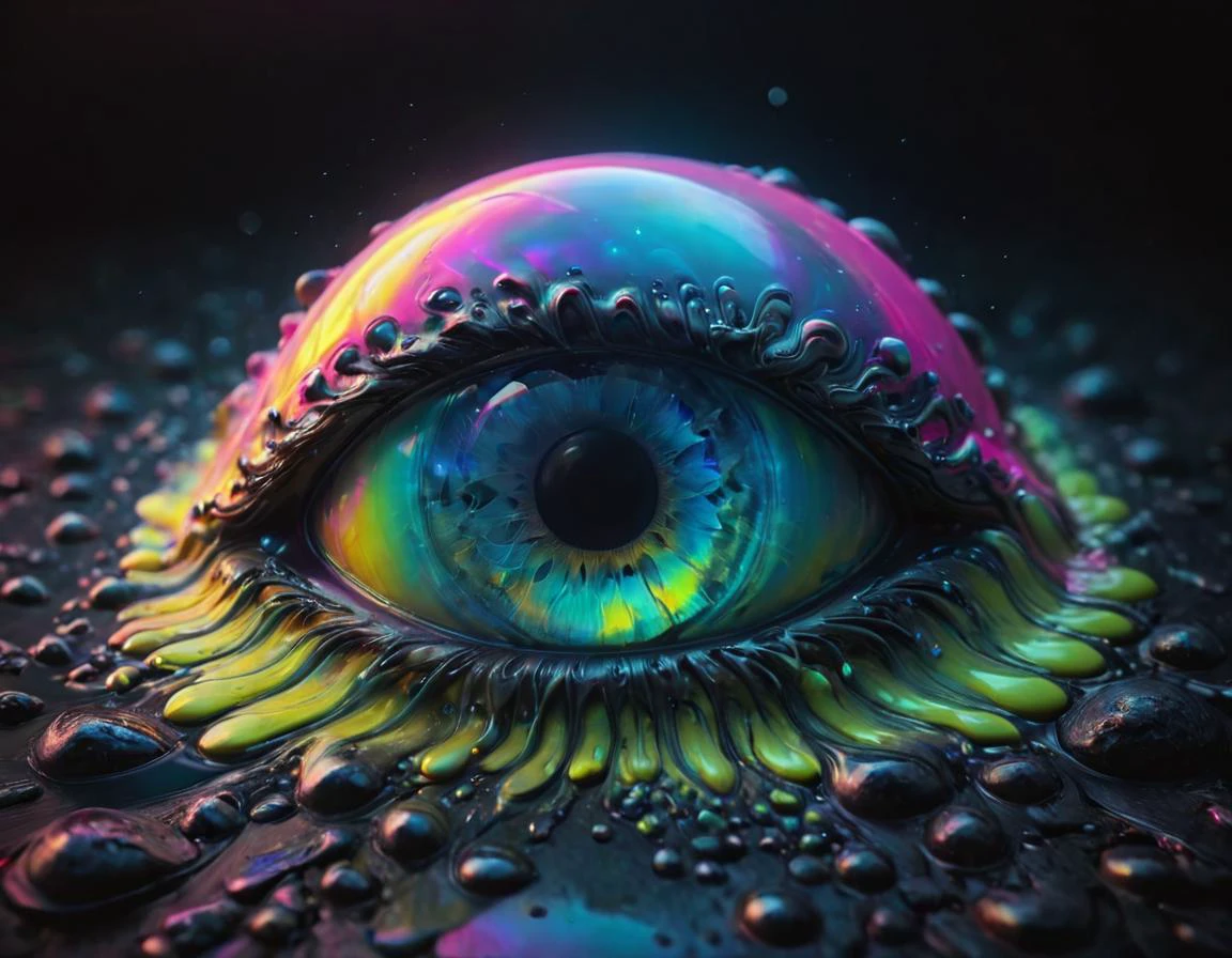 A (gigantic eye:1.1) floating in the night sky looking at a person swimming in the lake, eerie, trending on artstation, cgsociety <lora:add-detail-xl:0.8> <lora:GigerRainbowXL:0.53> g1h3r <lora:IOS_Iridescent_opal_style:0.55> <lora:ral-melting-sdxl:0.8> ral-melting, subsurface scattering, ultra hd, 4k, high def, Photorealistic, Hyperrealistic, Hyper detailed, analog style, realistic, masterpiece, best quality, ultra realistic, 8k, Intricate, High Detail, film photography, soft lighting, heavy shadow, Ombre color scheme of neon pink, neon blue, neon yellow, neon green, Color scheme of neon pink, neon blue, neon yellow, neon green