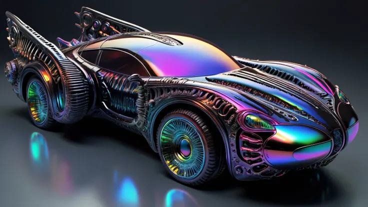 g1h3r isolated studio shot of a black futuristic biomechanical car, intricate, fine iridescent filigree details <lora:GigerRainbowXL:0.75>