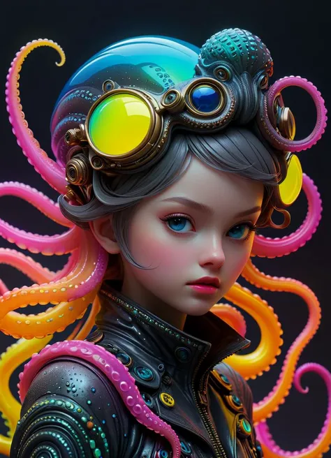(art style of Yoh Nagao, Yanjun Cheng) [alien|octopus|girl] in the style of textured illustrations, dark gray and bronze, online sculpture, intense close-ups, tentacles, slime, <lora:GigerRainbowXL:0.4> g1h3r, subsurface scattering, Photorealistic, Hyperrealistic, analog style, realistic, film photography, soft lighting, heavy shadow, Ombre color scheme of neon orange, neon pink, neon blue, neon yellow, neon green,