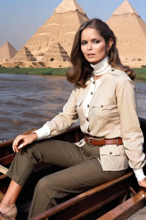 glamorous photo of <lora:BarbaraBachSDXL-000008:1>, full-body portrait of BarbaraBachSDXL in safari trousers and (turtleneck shirt:1.3), in a river boat on the Nile, Giza pyramids in the background, high fashion, luxurious, extravagant, stylish, sensual, opulent, elegance, stunning beauty, professional, high contrast, detailed
