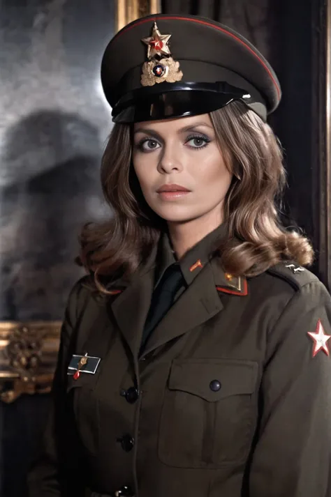 Dark Moody Atmosphere, <lora:BarbaraBachSDXL-000008:1>, full-body portrait of BarbaraBachSDXL in formal soviet army uniform, KGB,, dramatic, mysterious, dark moody atmosphere
