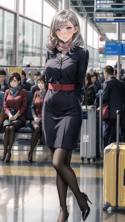 masterpiece,best quality,airport,1girl,solo,purple eyes,long hair,silver hair,curly hair,blush,shy,embarrass,arms_behind_back,two hands behind back,medium breasts,<lora:add_detail:1.1>,<lora:EAuniform:0.5>,EAuniform scarf,black_pantyhose,high_heels,