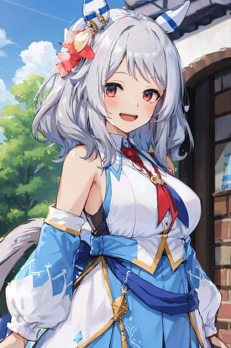 absurdres, highres, ultra detailed, <lora:hishi_miracle_v1_25e:0.70>    hishi_miracle, horse girl, horse tail, horse ears, medium hair, red eyes, hair ornament, grey hair, blue hair, ear covers, large breasts, miracle race clothes, blue dress, sleeveless dress, detached sleeves, bare shoulders, pantyhose, jewelry, smile, open mouth, upper body