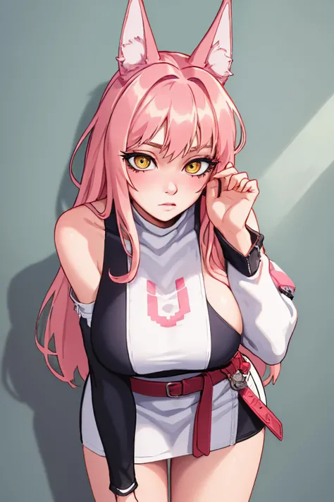 (masterpiece, best quality:1.2), solo, 1girl, leona, expressionless, looking at viewer, leaning forward, yellow eyes, fox ears, white dress, short dress, sleeveless, sideboob, detached sleeves, shorts, belt, large breasts <lora:leona-nikke-richy-v1:1>