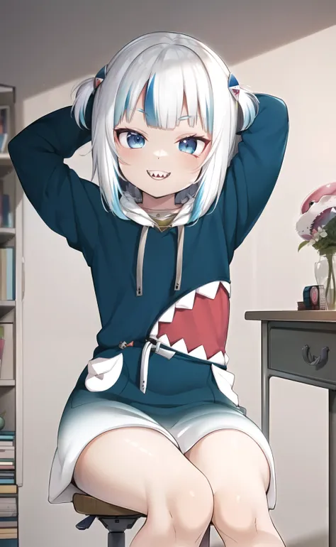 <lora:gawrguraflatisjustic_gawrgura:1>, gawr gura, anime girl, best quality, cinematic lighting, pastel bright colored bedroom, colorful books pencil holder, desk, sitting in chair at desk, cute smile, teeth showing, shark teeth, arms up, arms behind head, good anatomy, SFW