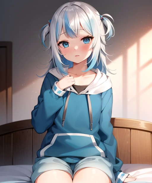 SFW,female, masterpiece, highly detailed, ultra detailed, best quality, highest quality, 1girl, solo,  <lora:gawrguraflatisjustic_gawrgura:.6>, gawr gura, bright blue eyes,(blue highlights in hair), (blushing),perfect eyes, perfect face, blue hoodie, short shorts, bedroom setting