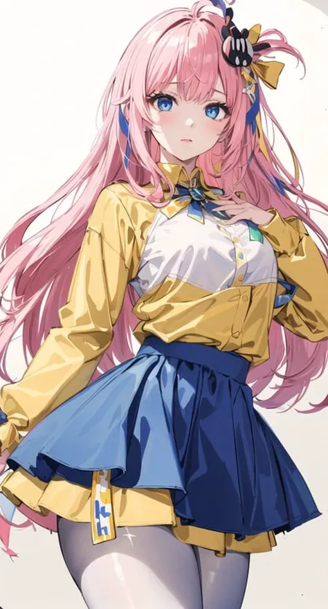masterpiece, best quality, girl,blue eyes,pink hair,white pantyhose,minni skirt,yellow shirt,blue and yellow hair ornament,shiny skin,big chest,gradient long hair, gradient eyes,blank background
Negative prompt: extra limbs,EasyNegative
Steps: 18, Sampler: DPM2 a Karras, CFG scale: 6, Seed: 2600353733, Size: 448x832, Model hash: ef3faac5dc, Denoising strength: 0.5, Clip skip: 2, ENSD: 31337, Hires upscale: 1.4, Hires upscaler: Latent (nearest)