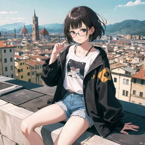masterpiece, best quality,tower, town,Europ, florence, a girl, glasses, short hair,sit,black eyes, flat chest, jacket,white T-shirt, Denim shorts, one hand touch hair, rooftop