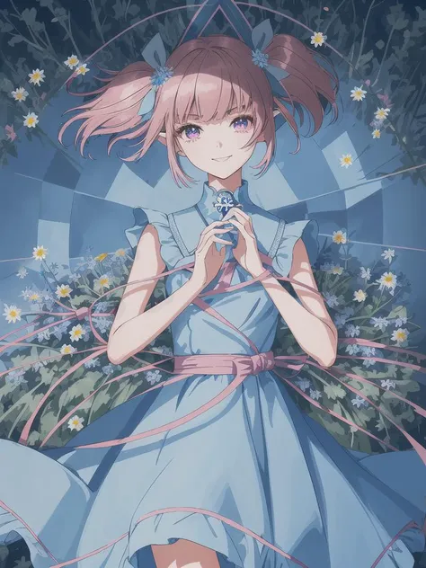 (solo:1.5), (:1.0), (elf:1.3), (thin waist:0.5), (looks at the viewer:1.5),
(dark pink hair:1.5), (short hair:1.5), (short twintail:1.2), fluffy ponytails, sidelocks, (twintail light blue ribbons:1.5), blunt bangs,
(beautiful face:1.5), (oval face:1.2), (pointed chin:1.0), (magenta eyes:1.5), (sharp look:1.5), (kind look:1.5), (kind smile:1.3), (smug smile:0.8), (happy smile:1.2),
(loose sundress:1.5), (long dress:0.7), (light blue dress:1.5), (symmetrical dress:1.5), (dark blue geometric ornament dress:1.4),
(BG flower meadow in a fairy forest with bluebells, cornflowers, daisies and poppies, the rays of the sun break through the crown:1.2), straight horizon,
(stands in the middle of the frame and holds a bouquet of daisies in his hands:1.2),
masterpiece, best quality, ultra-detailed, intricate detail, detailed beautiful face and eyes, 8k, beautiful lighting, digital art, perfect hands, perfect anatomy, vector graphics