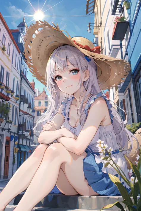 ultra detailed, best quality, high resolution, portrait of a beautiful mature woman, lush cheeks, cute face, outdoor, sunlight, <lora:fuzhichoco_v10:0.6>, outdoor, small breasts, cleavage, light blue dress, bare legs, head tilt, (plus size:1.2), , looking at viewer, facing viewer, (bare arms:1.4), (mediterranean city, buildings:1.2), (straw hat:1.2), sitting, (from below:1.2), fisheye, ,(naughty face:1.2), (blush:1.2), red lips, (slightly closed eyes:0.9)