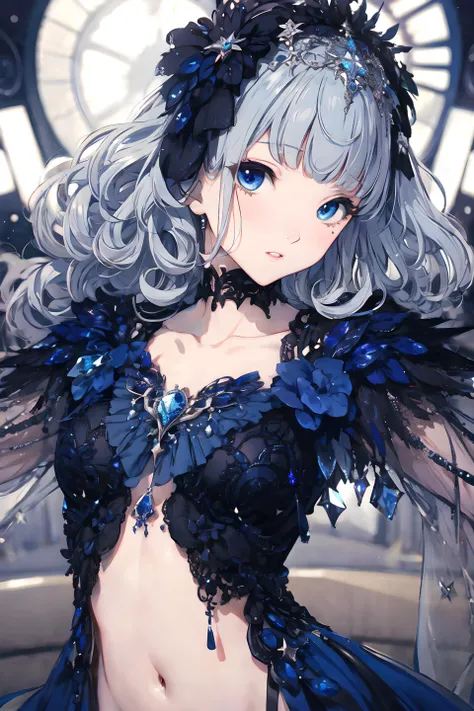 ultra detailed, best quality, high resolution, 1girl, bangs, blurry, blurry_background, blurry_foreground, bow, collarbone, depth_of_field, (crystal princess dress:1.2), eyebrows_visible_through_hair, indoors, long_hair, looking_at_viewer, parted_lips, solo, very_long_hair, <lora:style_MISSILE228:1.0>, (intricate details:1.4), (arms behind back:1.2), medium breasts, naked between breasts, (cleavage:0.8), <lora:taDress_v10:0.6>, upper body, dark blue eyes, light blue hair, petite, (dark and cosmic theme:1.4), (jewelry:1.2), (curly hair:1.1), (navel:1.2), (sick eyes:1.2)