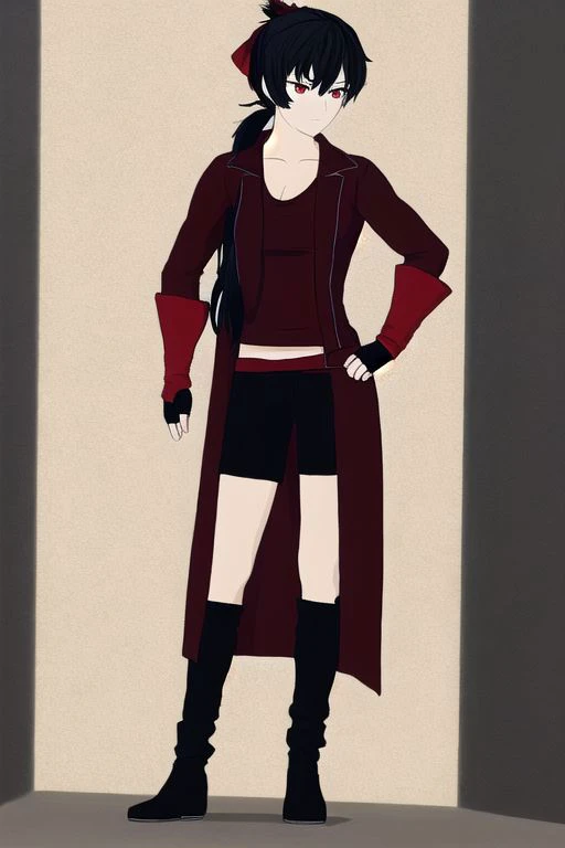 illustration,
muscular, abs,
slender person,
raven branwen,
long hair,
black hair,
short ponytail,
hair ribbon,
medium breasts,
ribbon,
red eyes,
travel coat,
fingerless gloves,
simple black shorts,
black background:1.1,
dark mist,
standing,
looking straight at viewer,
dynamic light, ultra detail,
extremely detailed CG, full detail,
8k best quality, realistic, 8k,
micro intricate, masterpiece,