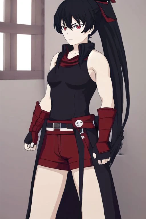 illustration,
akame,
muscular, abs,
slender person,
raven branwen,
long hair,
black hair,
short ponytail,
hair ribbon,
medium breasts,
ribbon,
red eyes,
travel coat,
fingerless gloves,
simple black shorts,
black background:1.1,
dark mist,
standing,
looking straight at viewer,
dynamic light, ultra detail,
extremely detailed CG, full detail,
8k best quality, realistic, 8k,
micro intricate, masterpiece,