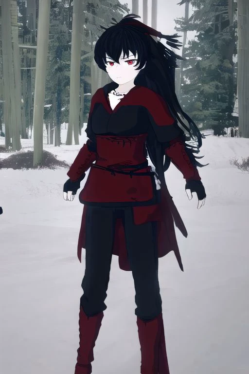 illustration,
slender person,
raven branwen,
long hair,
black hair,
short ponytail,
hair ribbon,
medium breasts,
ribbon,
red eyes,
combat suit,
fingerless gloves,
blue black brown colors,
black background:1.1,
dark mist,
standing,
looking straight at viewer,
dynamic light, ultra detail,
extremely detailed CG, full detail,
8k best quality, realistic, 8k,
micro intricate, masterpiece,