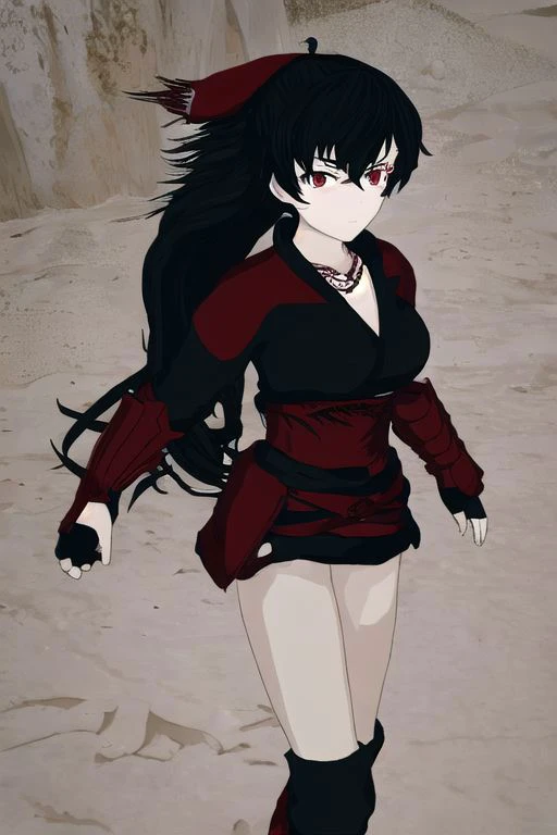 illustration,
slender person,
raven branwen,
long hair,
black hair,
short ponytail,
hair ribbon,
medium breasts,
ribbon,
red eyes,
combat suit,
fingerless gloves,
blue black brown colors,
black background:1.1,
dark mist,
standing,
looking straight at viewer,
dynamic light, ultra detail,
extremely detailed CG, full detail,
8k best quality, realistic, 8k,
micro intricate, masterpiece,
