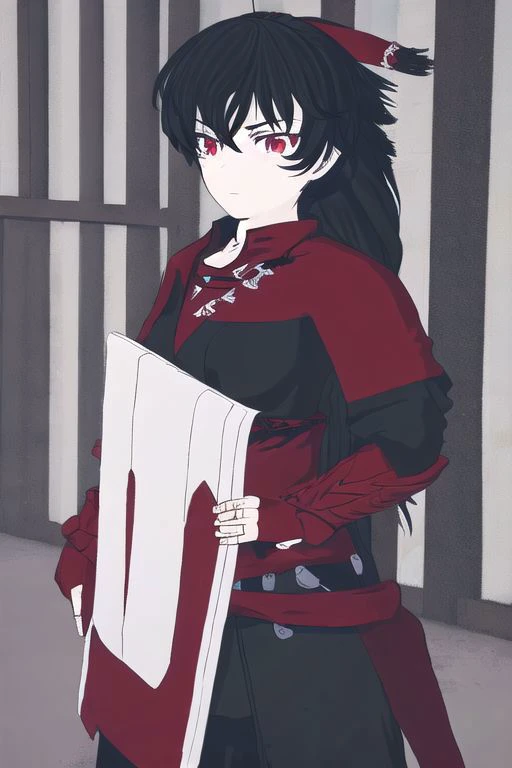illustration,
slender person,
raven branwen,
long hair,
black hair,
short ponytail,
hair ribbon,
medium breasts,
ribbon,
red eyes,
combat suit,
fingerless gloves,
blue black brown colors,
black background:1.1,
dark mist,
standing,
looking straight at viewer,
dynamic light, ultra detail,
extremely detailed CG, full detail,
8k best quality, realistic, 8k,
micro intricate, masterpiece,