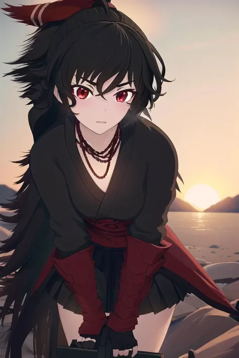 ravenbranwen, <lyco:ravenbranwen-lyco-nochekaiser:1>,
raven branwen, long hair, black hair, ponytail, hair ribbon, ribbon, (red eyes:1.2), ahoge,
BREAK thighhighs, japanese clothes, black thighhighs, fingerless gloves, armor, necklace, skirt, black skirt,
BREAK outdoors, nature, forest, night, sky, moon,
BREAK looking at viewer, (cowboy shot:1.5),
BREAK <lyco:GoodHands-beta2:1>, (masterpiece:1.2), best quality, high resolution, unity 8k wallpaper, (illustration:0.8), (beautiful detailed eyes:1.6), extremely detailed face, perfect lighting, extremely detailed CG, (perfect hands, perfect anatomy),