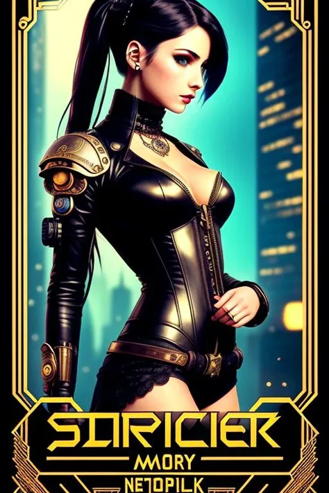 vintage poster of a cyberpunk girl, steampunk style, (intricate details), pinterest, [deformed, bad anatomy, disfigured, poorly drawn face, mutation, mutated, extra limb, ugly, disgusting, poorly drawn hands, missing limb, floating limbs, disconnected limbs, malformed hands, blurry, (mutated hands and fingers)++++, watermark, watermarked, oversaturated, censored, distorted hands, amputation, missing hands, obese, doubled face, double hands, ((text))]