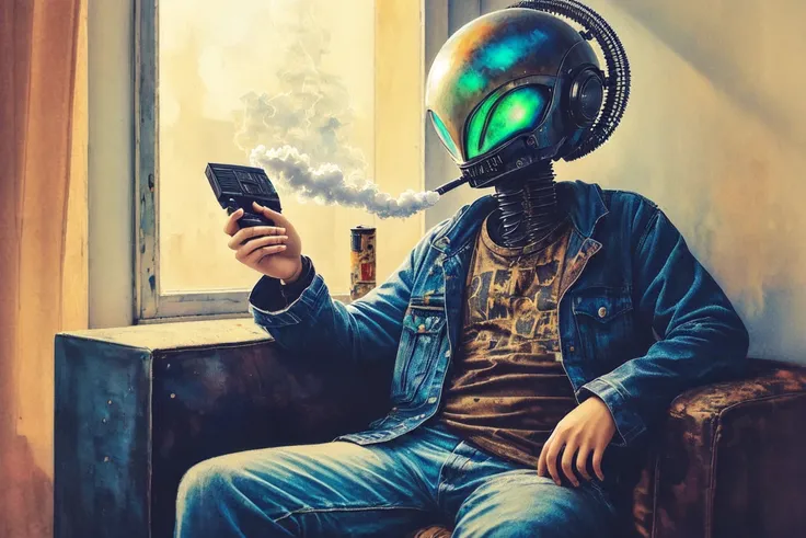 an alien sits on a ragged dirty couch and smokes a cigarette in one hand while he holds a tv remote in the other, grungy, dirty, filth, interior, apartment, dim light, hd, 8k, painted, watercolor