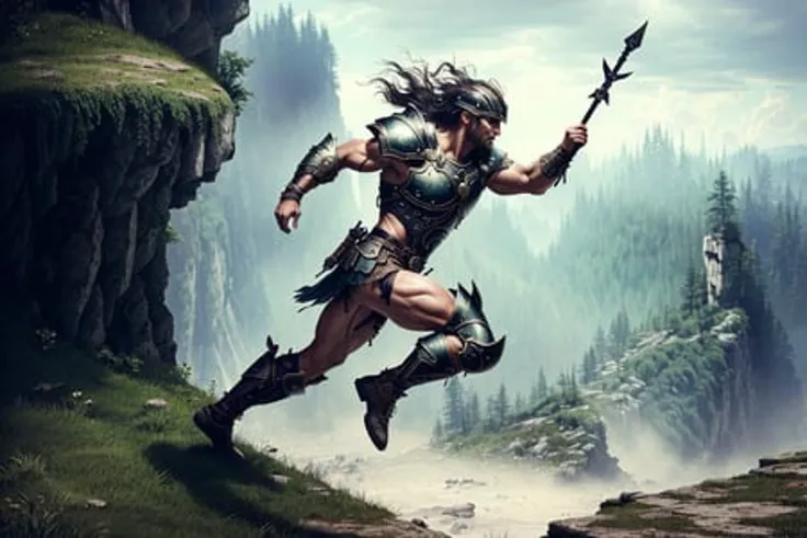 Intricately detailed, dynamic, action shot, professional photograph, muscular fantasy warrior leaps from cliff, loin cloth, ancient armor, sandals, battlecry, spear, shield, blood caked, wasteland, gore, grunge, grungy, grime, grimy, dirty, dirty, shallow depth of field, cinematic lighting, (highly detailed:1.2), (hard focus), photographed on a Canon EOS-1D X Mark III, HDR, 8k resolution, giga_chad