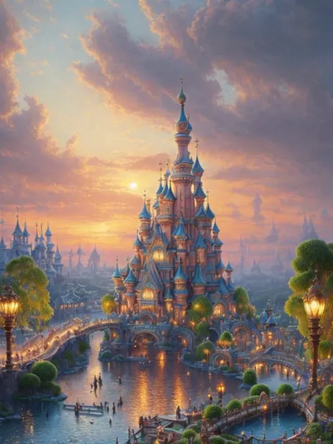 a theme park at sunset, people, intricate, water, river, topiary, walking paths, by paul chadeisson and ivan shishkin, intricate details, masterpiece, 8 k resolution, trending on art station, concept, cinematic composition, beautiful lighting, hyper detailed, highly detailed oil painting on canvas by elena zhurikhina from frozen trending at 16k resolution, smooth sharp focus illustration unreal engine octane, atmospheric atmosphere dramatic studio shot unreal engine 5 40mm photograph hdr volumetric light, roller coaster.