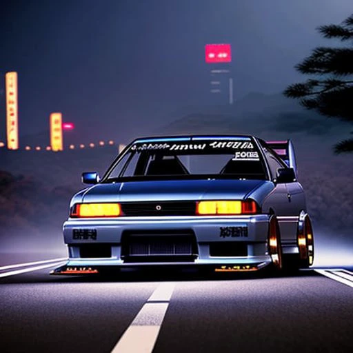 a car jzx100 twin turbo drift in middle of road, gunma prefecture, city midnight mist lights, cinematic lighting, photorealistic, detailed alloy wheels, highly detailed