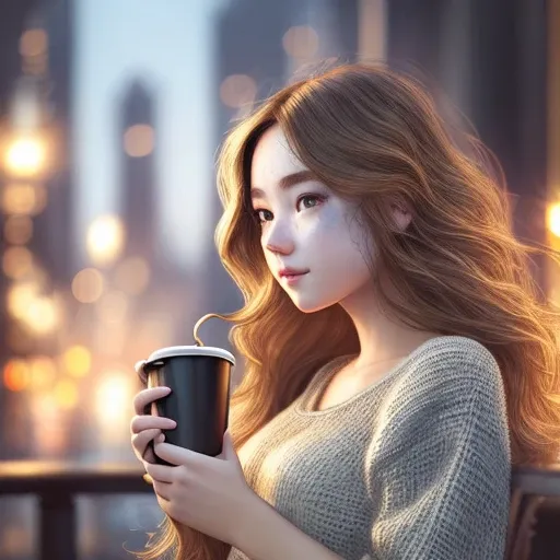 a masterpiece detailed beautiful cityscape, early hour morning, a super cute girl drinking coffee and look at her phone, studio lighting, (detailed skin and hair texture)+++, highly contrasted, high-quality