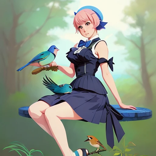 colored pencil, anime art, beautiful full body female pinup girl, holding an indigo bunting bird, the bird is wearing a bowtie, wlop, rossdraws sakimimichan, ilya kuvshinov, krenz cushart, greg rutkowski