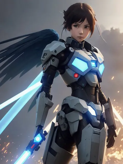 Young girl, angry, in mecha in battlefield, angel, japanese style, mechanical armor, azure blue red red green color palette, from Metal Gear, in the style of Ruan Jia and Mandy Jurgens, Greg Rutkowski, Artgerm, concept art of cinematic, smooth, octane render, cinematic volume light, zoomed out, Redshift render, 8k