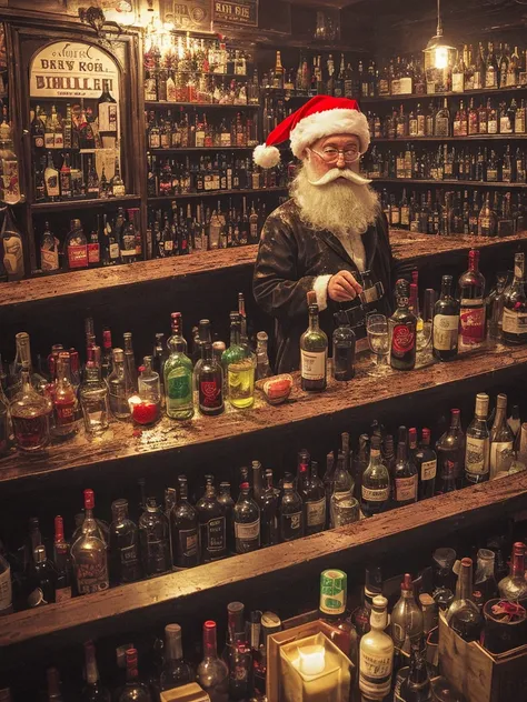 drunk, creepy santa, muddy, crowded bottles bar, intricate details, hdr, intricate details, hyperdetailed, cinematic, dark shot, muted colors, film grainy, soothing tones, muted colors, technicolor [deformed, bad anatomy, disfigured, poorly drawn face, mutation, mutated, extra limb, ugly, disgusting, poorly drawn hands, missing limb, floating limbs, disconnected limbs, malformed hands, blurry, (mutated hands and fingers)++++, watermark, watermarked, oversaturated, censored, distorted hands, amputation, missing hands, obese, doubled face, double hands, b&w, black and white, sepia]