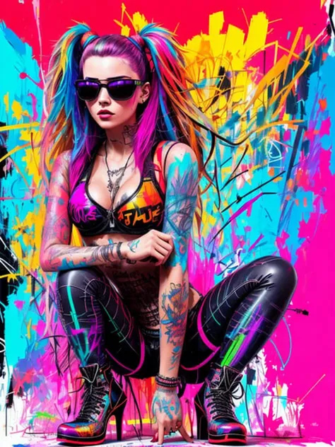 vector painting of a cyberpunk girl, (Graffiti art)++, (by Carne Griffiths)++, vector art, close up, squatting, sunglasses, high heel shoes, perfect hourglass figure, latex bra, red wall background, insane details, intricate details, hyperdetailed, low contrast, soft cinematic light, dim colors, exposure blend, hdr, front

[deformed, bad anatomy, disfigured, poorly drawn face, mutation, mutated, extra limb, ugly, disgusting, poorly drawn hands, missing limb, floating limbs, disconnected limbs, malformed hands, blurry, (mutated hands and fingers)++++, watermark, watermarked, oversaturated, censored, distorted hands, amputation, missing hands, obese, doubled face, double hands, asian, b&w, black and white, sepia]