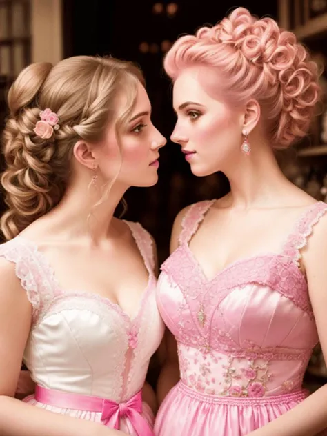 a professional photo of (two women gazing seductively+ into each others eyes)+, posing in a pink pastel candy store, (intricate details, (intricate++ eyes), sexy clothing, lace+, studio lighting, (detailed skin and hair texture)+++, highly contrasted, high-quality photo shot on iPhone [nude+, low quality, low resolution, bad quality, b&w, bad anatomy, bad photo, bad art, bad proportions, (mutated hands and fingers)+++, 3d, cartoon, illustration, art, (body hair)+, (leg hair+), anime, (facial hair)+, watermark, logo, clothes writing]