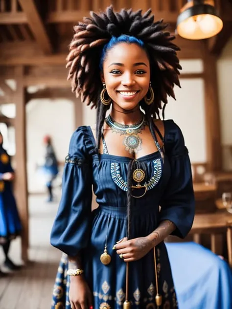 a portrait photo of a black girl, smiling, tattoo, blue dreads, (folk dress)++++, Ukrainian dress, pronounced feminine feature, insane details, intricate details, hyperdetailed, complex background, medieval tavern, indoor [naked+++, deformed, bad anatomy, disfigured, poorly drawn face, mutation, mutated, extra limb, ugly, disgusting, poorly drawn hands, missing limb, floating limbs, disconnected limbs, malformed hands, blurry, mutated hands and fingers)++++, watermark, watermarked, oversaturated, censored, distorted hands, amputation, missing hands, obese, doubled face, double hands, purple++, rose++, flowers, black lips]