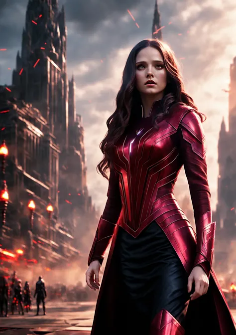 Scarlet Witch, cinematic art of a girl, extremely detailed background, futuristic streaks of light in the background, easynegative