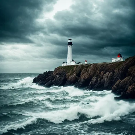 lighthouse near sea, waves striking rocks, realistic,dark environment ,heavy raining, storm <lora:add_detail:1>, Cinematic photography, mood, cinematic light, compelling composition, storytelling elements, conveys emotion, mood, and narrative depth, creating visually striking images that feel like still frames from a film