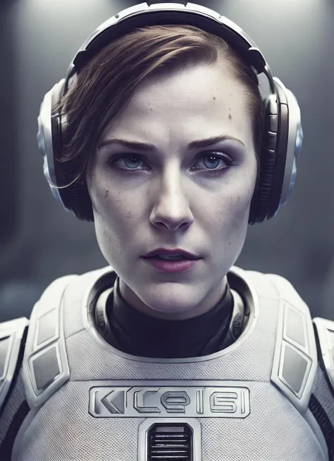 close up photo of sks woman, rugged space trucker, inside industrial spaceship, futuristic science fiction, action scene, digital concept art, realistic, intricate detailed textures, filmic, cinematic, environmental character portrait, <lora:locon_evan_v1_from_v1_64_32:1.25>