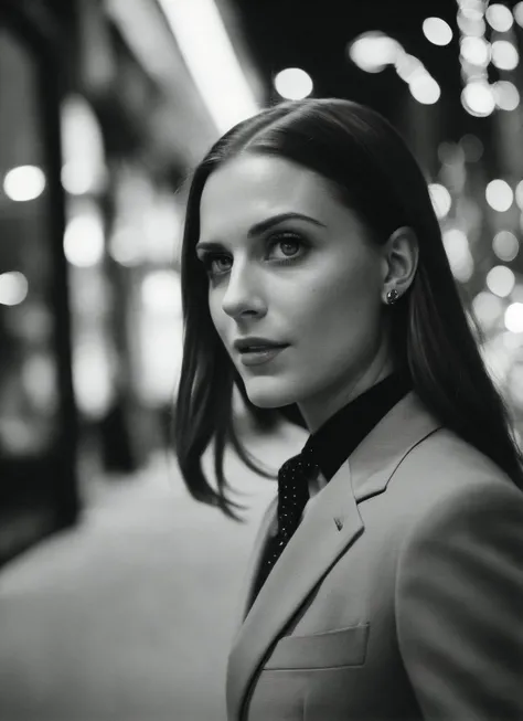 candid RAW close up portrait photo of sks woman in a (purple colored suit:1.0) on a dark street with shopping windows (at night:1.2), bokeh, Ilford Delta 3200 film, dof, high definition, detailed, intricate, flashlight, <lora:locon_evan_v1_from_v1_64_32:1.25>