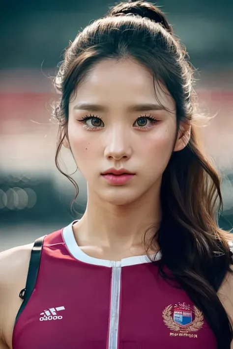beautiful jeonheejin college girl, in track outfit, outside on track field, upper body, ((slim, petite)), photorealistic, photo, masterpiece, high contrast, photorealistic digital art trending on Artstation 8k HD high definition detailed realistic, focus on face, detailed face, skin texture, hyper detailed, realistic skin texture, best quality, ultra high res, (photorealistic:1.4), high resolution, detailed, raw photo, by lee jeffries nikon d850 film stock photograph 4 kodak portra 400 camera f1.6 lens rich colors hyper realistic lifelike texture dramatic lighting unrealengine trending on artstation cinestill 800 <lora:heejinOTW_v2:1>