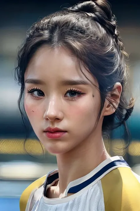 beautiful jeonheejin college girl, in track outfit, outside on track field, upper body, ((slim, petite)), photorealistic, photo, masterpiece, high contrast, photorealistic digital art trending on Artstation 8k HD high definition detailed realistic, focus on face, detailed face, skin texture, hyper detailed, realistic skin texture, best quality, ultra high res, (photorealistic:1.4), high resolution, detailed, raw photo, by lee jeffries nikon d850 film stock photograph 4 kodak portra 400 camera f1.6 lens rich colors hyper realistic lifelike texture dramatic lighting unrealengine trending on artstation cinestill 800 <lora:heejinOTW_v2:1>